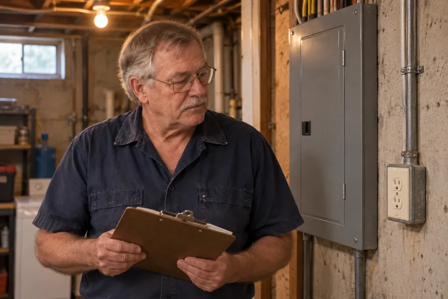 Walt Brennan noting findings beside a closed electrical panel