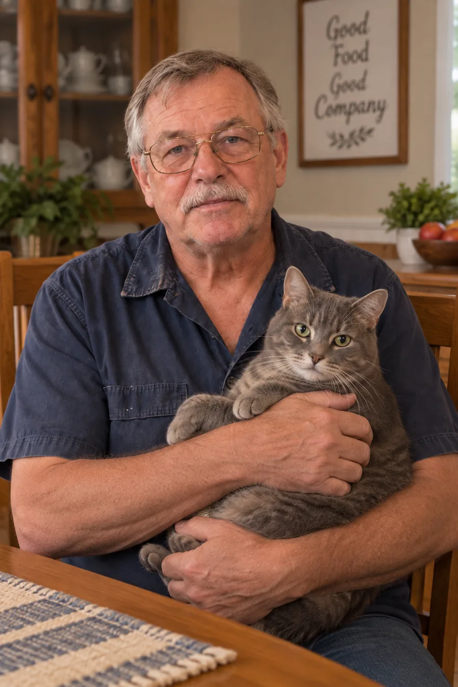 Walt Brennan at his kitchen table, holding the family cat