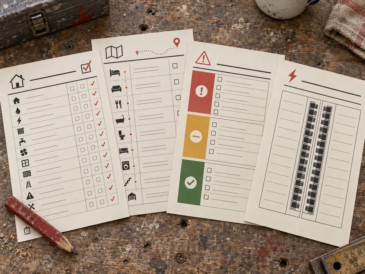 The four printable sheets: inspection checklist, route card, red-amber-green triage card, and blank panel map